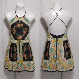 Ecote Bonita Floral Patchwork Mini Dress Open Back Halter Boho Cottagecore US 4